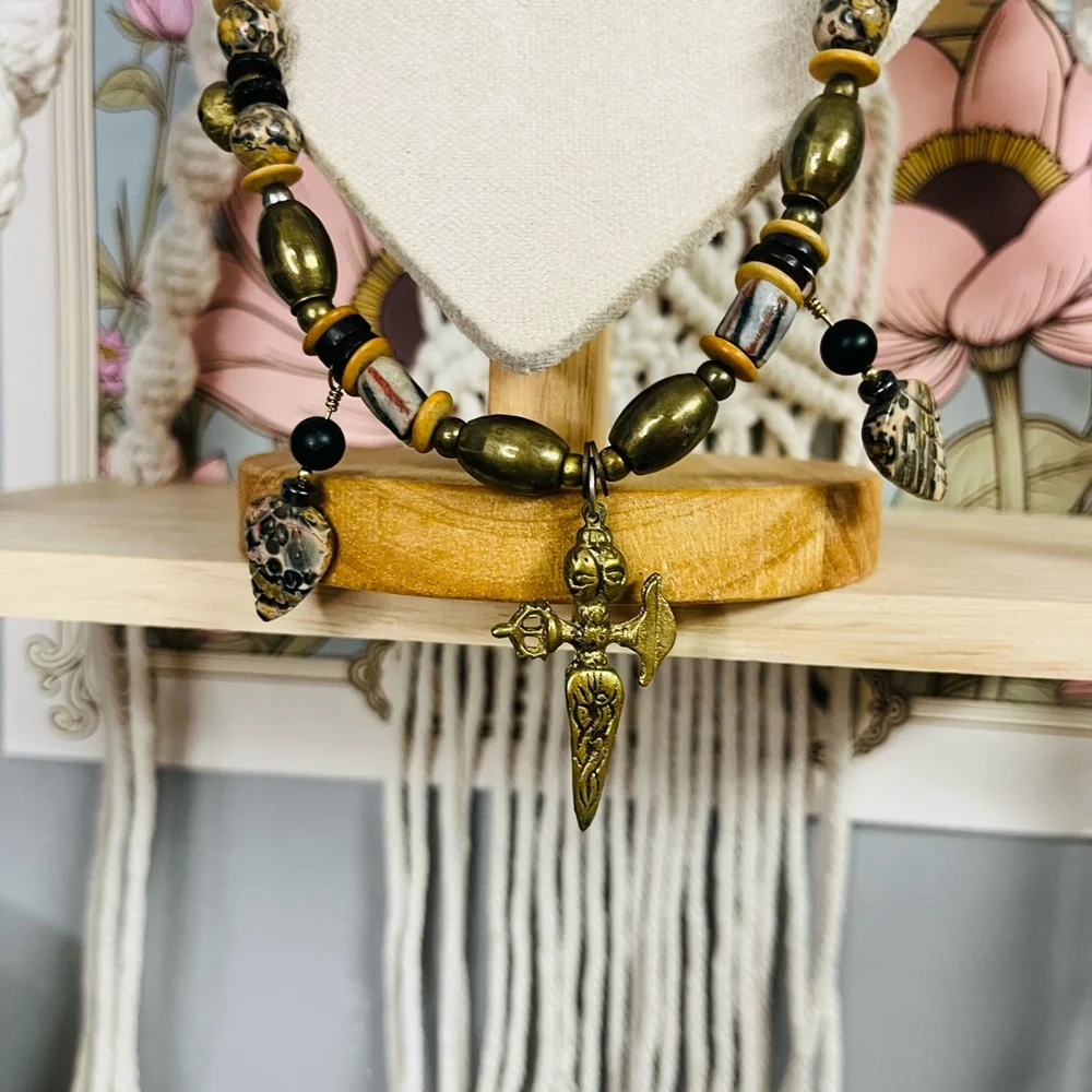 Boho Ethnic‎ Necklace Brown and Gold Toned Bone Beads Ceremonial India